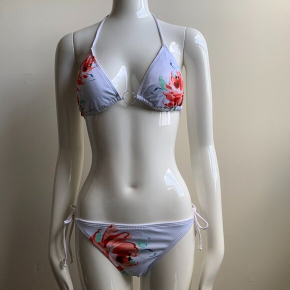Guess white floral print triangle top tie side bikini - Picture 1 of 8